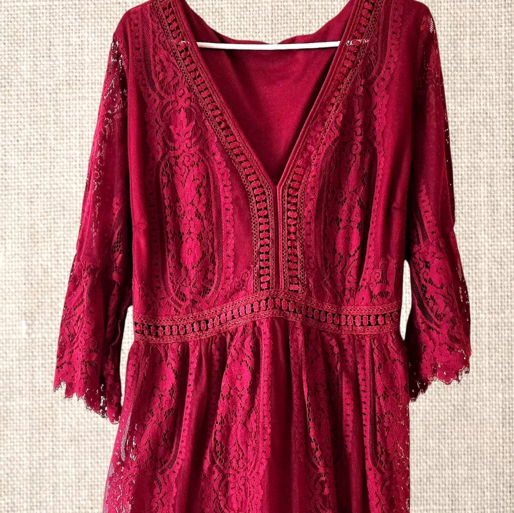 Cranberry Red Lace Maxi Dress Event Holiday Wedding V-neck Ruffled Sleeve Plus - Picture 4 of 11